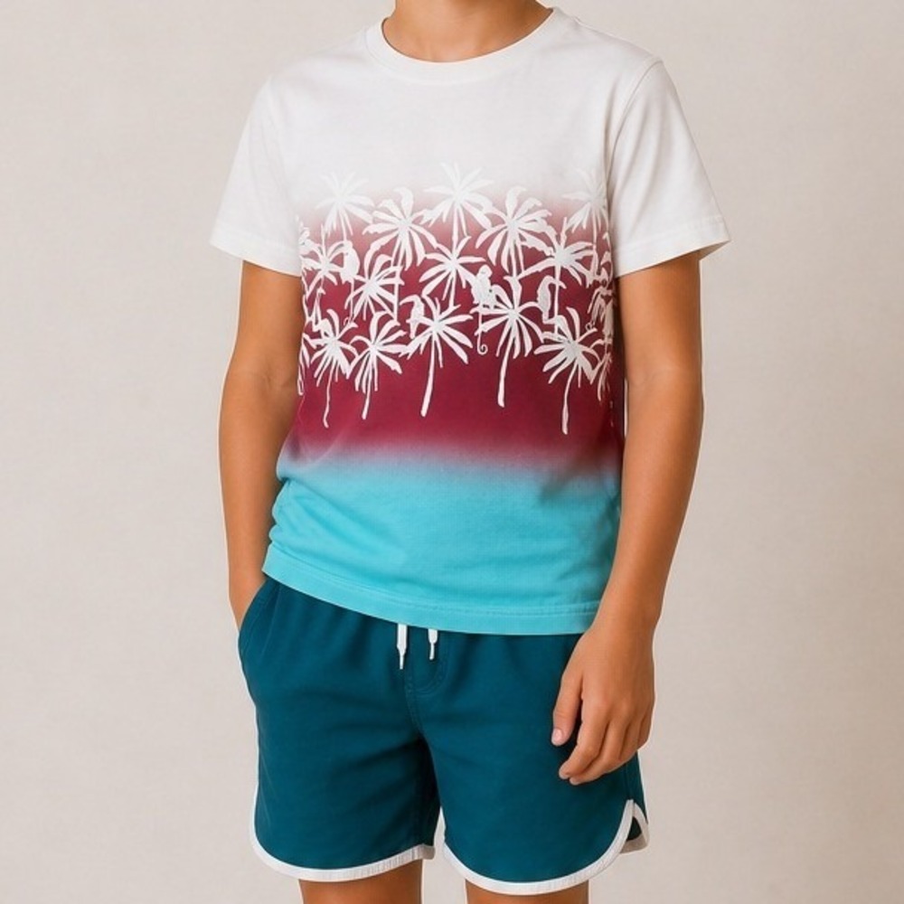 Tea Collection Boys Palm Tree Graphic Tee and Teal Shorts Set Cotton Size 10